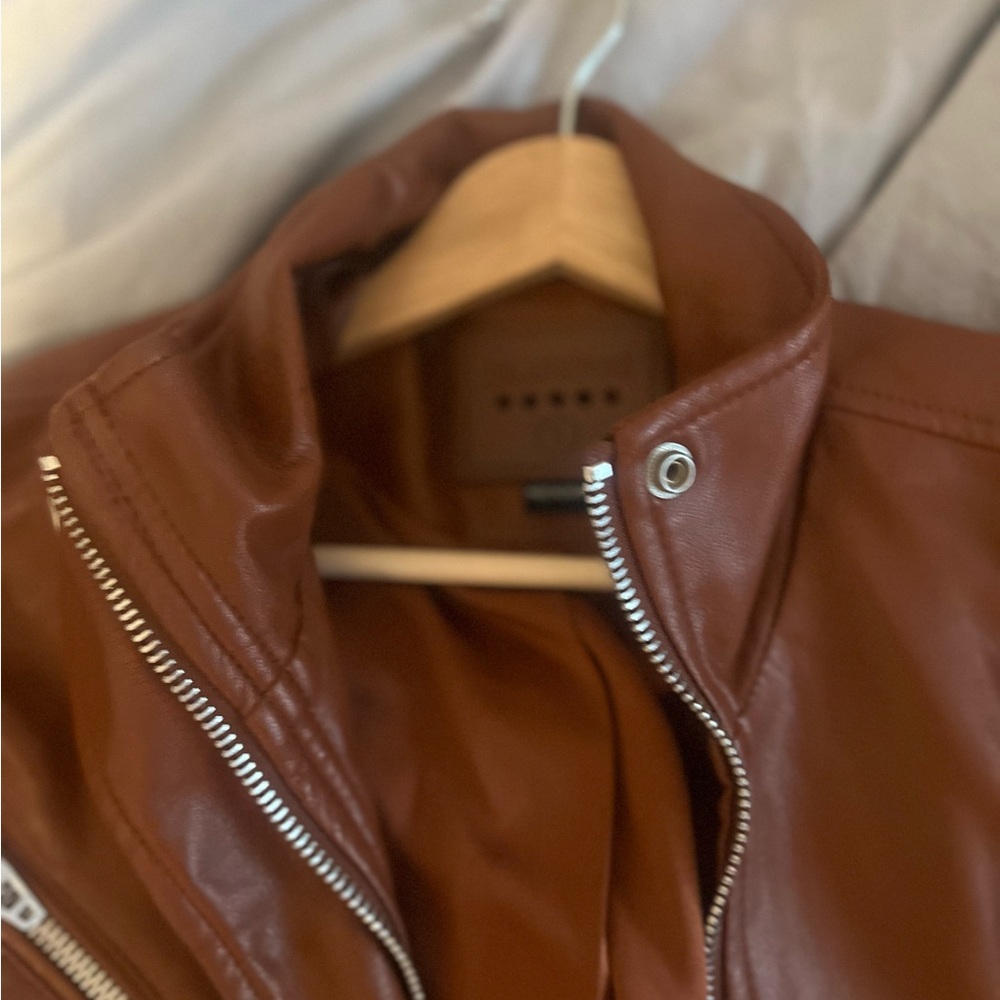 Brown Leather Motorcycle Jacket with Silver Zippers - Picture 3 of 4